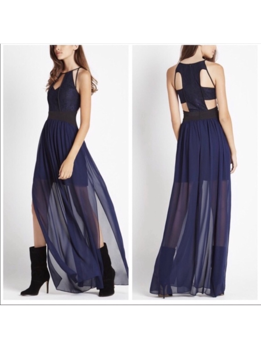 EUC BCBG Generation Navy and Black Lace Cutout Formal Maxi Dress